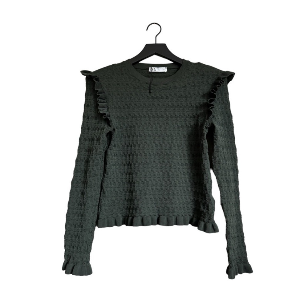 NWOT ZARA Pointelle Ruffle Knit Long-Sleeve in Hunter Green